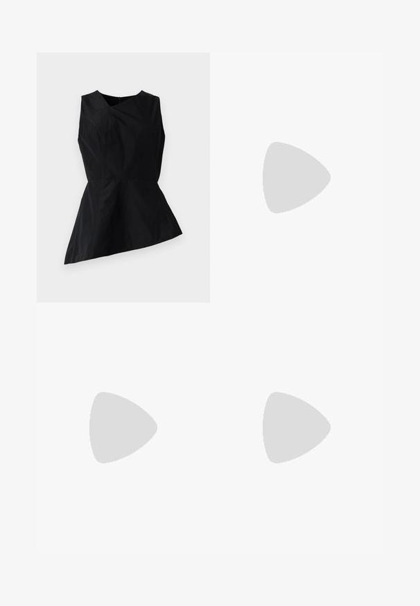 Top peplum nero con scollatura a V, design senza maniche e orlo asimmetrico. Realizzato in tessuto liscio con dettagli di cucitura minimi.; Pantaloni neri su misura con un design a gamba dritta, caratterizzati da una texture liscia e pieghe ben definite sul davanti. Senza hardware visibile.; Scarpa slingback nera con punta affilata e tacco basso, realizzata in pelle liscia e con un design a taglio laterale per favorire la traspirabilità.; Borsa a mano in pelle nera con un design strutturato, caratterizzata da una forma corta, manico superiore e accessori in metallo dorato. Inclusa tracolla regolabile.