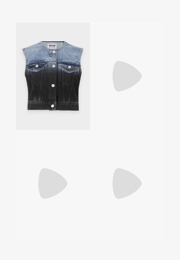 Denim vest, millel on pleekinud sinisest mustani ombre efekt, ilma varrukateta disain, kaks rinna-taskut, hõbedased nupud ja kumer hem.; Mustad kohandatud püksid sujuvast kangast, sirge jala disainiga ja kahe küljetaskuga. Elegantne ja minimalistik ehitus.; Musthave mustika tantsutossud mustast nahast, ümmarguse varbaga, siledast tekstuurist, minimaalse õmblusdetailiga ja paindliku tallakujundusega.; Must värvi nahast käekott, millel on kaarjas disain, hõbedased nupukesed, kinnitusahe ja kaks külgtaskut. Reguleeritav rihm erinevate kandmisvõimaluste jaoks.