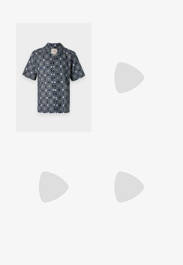 Short-sleeve shirt in navy with intricate floral pattern in white and light blue, made from smooth fabric, featuring a notched collar.; Dark blue denim jeans with a straight-leg design. Features visible stitching, a button closure, and front pleats for added detail.; Black leather sneaker with white stripes, textured rubber sole, and lace-up front. Features a branded label on the tongue.; Black leather crossbody bag with a zip closure, embossed logo on the front, and adjustable strap. Smooth texture with a rectangular shape.