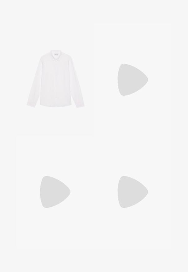 White long-sleeve button-up shirt made of cotton. Features a classic collar, front buttons, and a smooth texture with no visible patterns.; White cotton t-shirt with short sleeves, rounded neckline, relaxed fit, and no visible logos or patterns. Smooth texture and minimal design.; High-waisted, loose-fitting jeans in faded black denim. Features five pockets, belt loops, and a clean, straight leg design.; Gray and white sneaker with a suede and leather upper, rounded toe, flat laces, and a rubber sole featuring a gum accent.