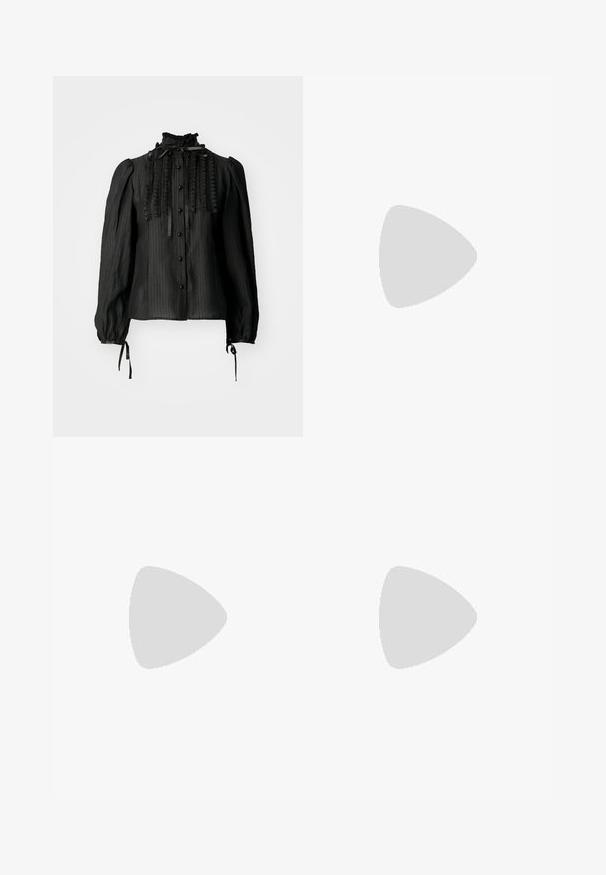 Black long-sleeve blouse with vertical stripes, ruffled front, high neckline, and ribbon ties. Features button closures and elastic cuffs.; Black wide-leg pants made of denim, featuring a structured waistband, belt loops, and front pockets. Smooth texture with a classic design.; Black leather high-heeled shoe with an ankle strap, pointed toe, and a square chunky heel. Smooth texture with a minimalist design.; Even&Odd Handbag - black