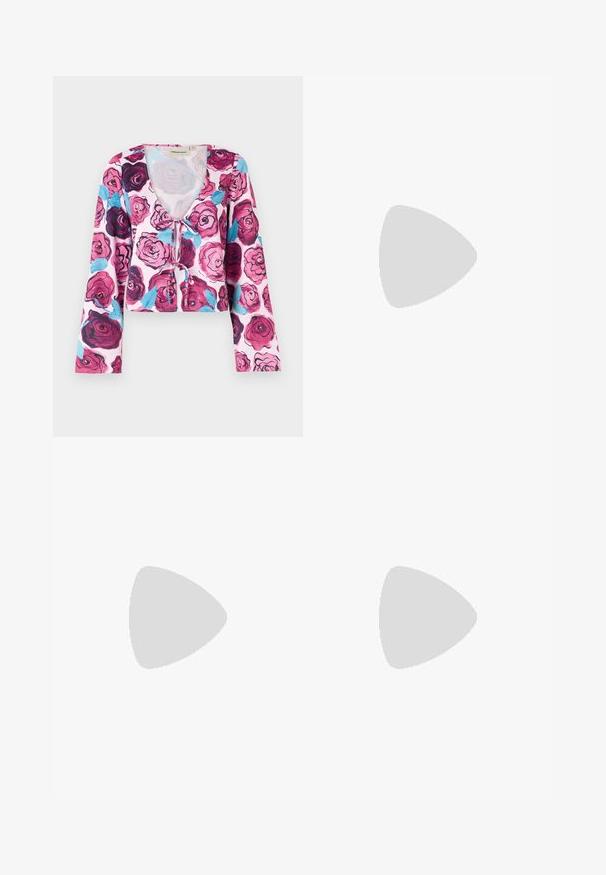 Floral cropped top featuring a pink background with vibrant rose patterns in shades of burgundy and blue, with long bell sleeves and a v-neckline.; Pale pink wide-leg trousers with a high waistband, front pleats, and stitched hem details. Made from smooth, lightweight fabric.; Beige slingback shoe with black pointed toe, block heel, and a gold buckle strap against a plain white background.; Beige suede handbag with a rounded triangular shape, a single strap, and a gold-tone hardware accent on the front.