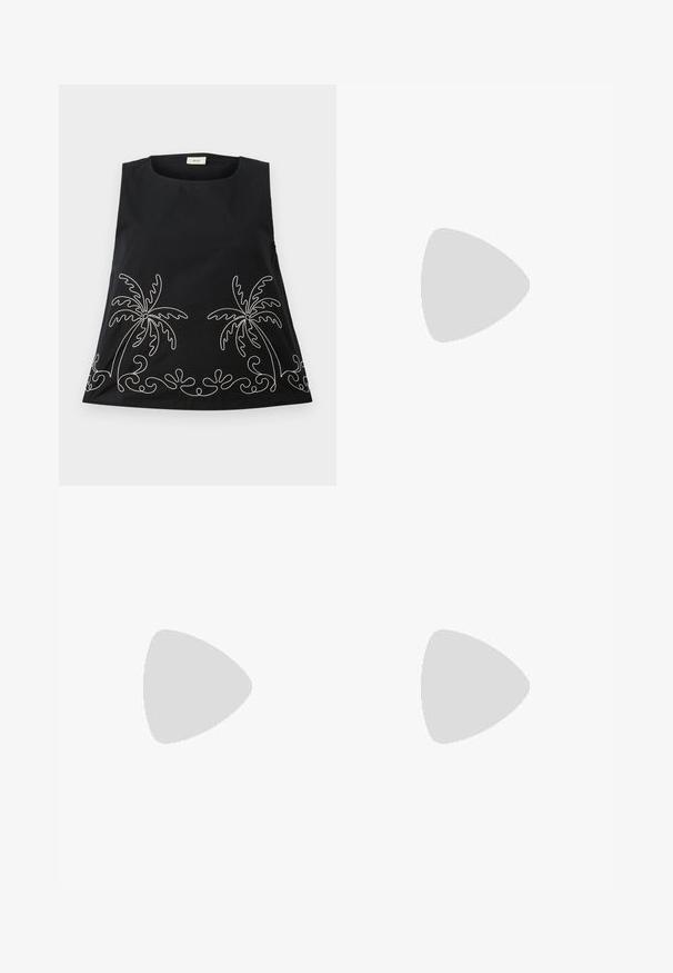 Black sleeveless top with a rounded neckline, featuring white embroidered palm trees and decorative swirls along the hem.; Black high-waist wide-leg faux leather pants with front button, zip closure, belt loops, and side pockets on white background.; Black patent leather slingback heels with a pointed toe and a geometric block heel. Features a sleek, minimal design and smooth texture.; Black leather tote bag with smooth texture, rectangular shape, and two long handles. No visible hardware or embellishments.