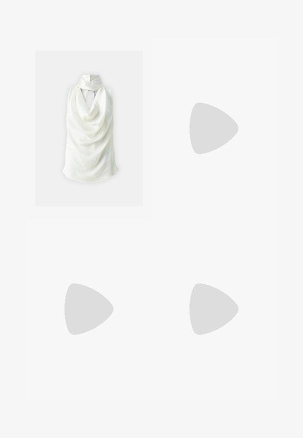 Pinko ARRAS BLUSA - Top - bianco giglio; Pantaloni neri a gamba larga realizzati in un tessuto morbido. Presentano una vita alta e una superficie liscia senza motivi o accenti visibili.; Infradito in gomma nera con cinturino testurizzato e suola piatta semplice, mostrati di lato su uno sfondo chiaro e uniforme.; Occhiali da sole con montatura metallica dorata, lenti verdi, forma rotonda, aste sottili e dettagli in plastica bianca sulle punte delle aste.