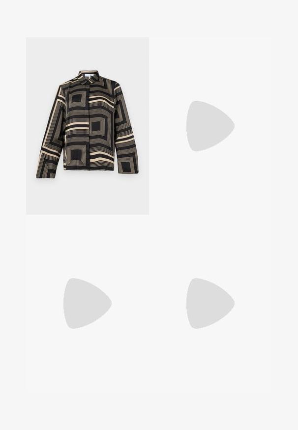 Black and beige shirt with a geometric pattern, featuring long sleeves, a collar, and a loose fit with smooth, shiny fabric.; Wide-leg denim trousers featuring a light to dark blue gradient, high waist, belt loops, and a matching fabric belt. Textured denim finish.; Black leather pointy-toe pump with an ankle strap and a chunky heel. Flat texture, sleek design, and minimalistic aesthetics.; Gold metallic handbag with a structured design, smooth texture, and adjustable strap. Features a unique triangular shape and minimalist stitching.
