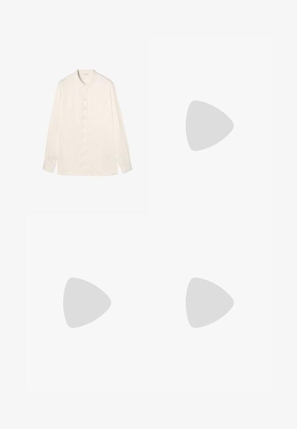 Cămașă albă cu mâneci lungi, dintr-un material moale, având guler clasic, închidere cu nasturi și tiv drept, cu detalii de design minime.; Rochie bej cu gât halter, cu un design răsucit, realizată dintr-un material moale, având o siluetă fluidă și o croială până la podea.; Pantofi slingback din piele lacuită neagră, cu vârf ascuțit, detalii din metal argintiu și toc mic pătrat. Textură netedă și lucioasă pe întreaga suprafață.; Geantă de umăr din piele neagră, cu o textură netedă, formă rectangulară și un detaliu din lanț metalic în față. Include curea reglabilă.; Cercei din argint cu stud pătrat, având un finisaj neted și lustruit, într-o formă de lacrimă, care reflectă lumina cu o suprafață lucioasă.