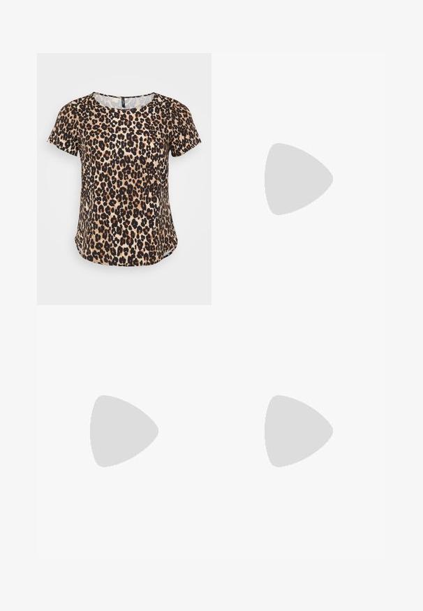 Leopard print short-sleeved top featuring a round neck and a slightly curved hem. Made from soft fabric with a textured finish.; Gray denim jeans with a mid-rise waist, cropped length, slight fading on the thighs, five pockets, and button-fly closure.; Black patent leather slingback heels with a pointed toe, metallic accent on the toe, and a thin kitten heel. Smooth texture, minimalistic design.; Black leather bag with a rectangular shape, featuring a unique knotted handle and a detachable shoulder strap. Smooth texture and minimal seams.
