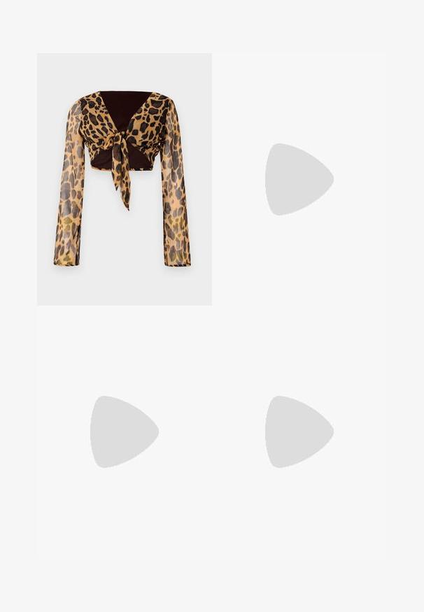 Leopardi-kuosiset lyhythihaiset paitapuserot, joissa on pitkät läpinäkyvät hihat ja ruskea nauhakiinnitys vyötäröllä. Sileä, kevyt kangas, jossa on istuva muotoilu.; Ruske leve široke hlače izdelane iz mehkega materiala, z elastičnim pasom in vrvico ter dvema stranskima žepoma.; Valkoiset nahkareunat ja ruskeat samettikankaiset tennarit, joissa on kumipohja, pyöreä kärki ja nauhakiinnitys edessä. Kengissä on logo kielekkeessä ja rei'itettyjä yksityiskohtia.; Ruskea nahkainen olkalaukku, jossa on sileä pinta, avoin yläosa ja kaksi olkahihnaa. Omaavat vain minimaalisen ompelun eikä näkyvää metalliosaa.