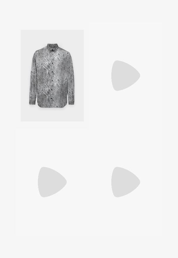 Long-sleeve shirt featuring a black and white snake print design, button-up style, and smooth fabric texture with black buttons.; Black sweatpants made of soft fabric, featuring an elastic waistband with a drawstring, tapered legs, and elastic cuffs at the ankles.; Black leather sneakers with white accents, round logo detailing, perforated toe, and contrasting sole. Features white laces and branding.; Black sunglasses with a wide, angular frame and dark tinted lenses. Features textured black sides and a round logo accent on the temple.