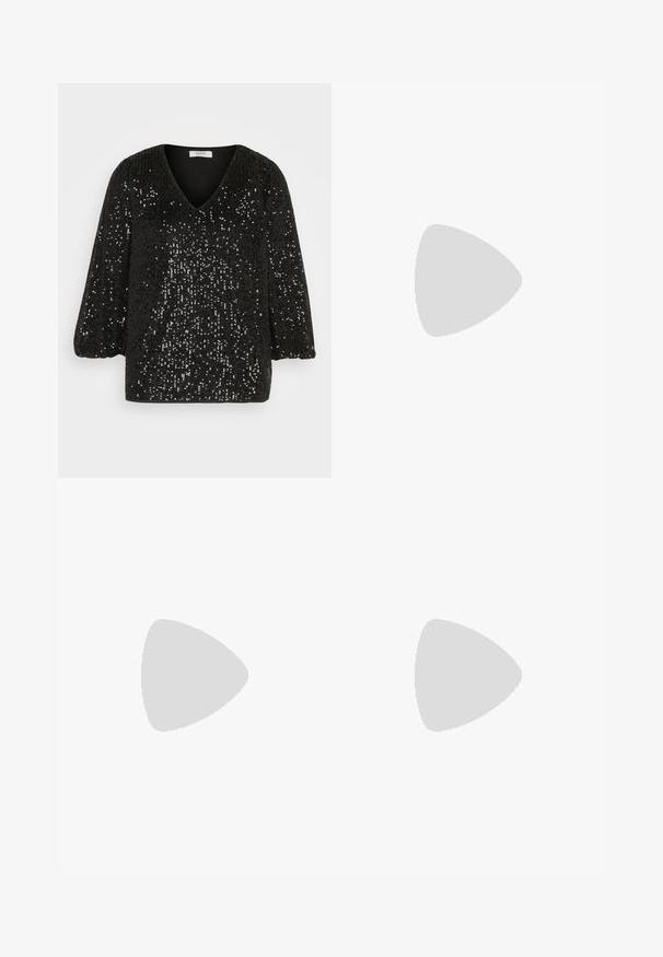 Schwarzes Pailletten-Top mit V-Ausschnitt, lockerer Passform und Drei-Viertel-Ärmeln. Es hat eine strukturierte Oberfläche mit schimmernden Pailletten überall.; Dunkelblaue weite Jeans aus Denimstoff mit hoher Taille, ausgestattet mit orangefarbenen Nähten, fünf Taschen und einem Knopfverschluss.; Knielange schwarze Lederstiefel mit glatter Textur, seitlichen Reißverschlüssen und flacher Sohle. Die Stiefel haben einen strukturierten Schaft und minimales Zubehör.; Schwarze Tragetasche aus strukturiertem synthetischem Material. Verfügt über ein geprägtes Logo, zwei flache Ledergriffe und ein großzügiges offenes Design.
