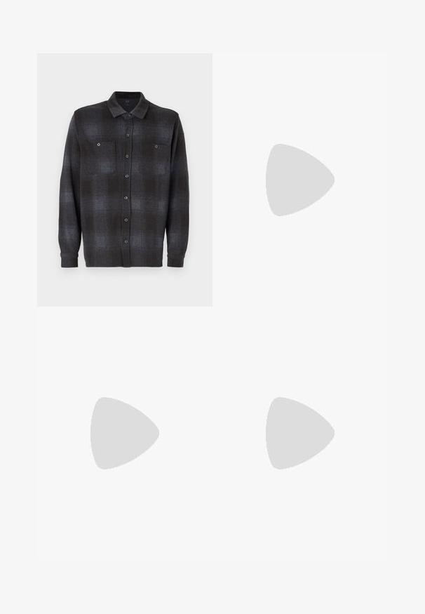 Camisa de botón de manga larga en patrón de cuadros en negro y gris oscuro, con dos bolsillos en el pecho y un collar estándar. Textura de tela suave.; Chaqueta de pana marrón con parches contrastantes en marrón oscuro, camiseta blanca debajo, pantalones de mezclilla azul holgados y zapatillas blancas.; Zapatilla de running Nike en gris y negro con amortiguación visible tipo resorte debajo de la suela y un logo de swoosh blanco en el lateral.; Bolso negro de hombro hecho de tela texturizada, con un diseño diagonal, correa ajustable y cierres de cordón a los lados.
