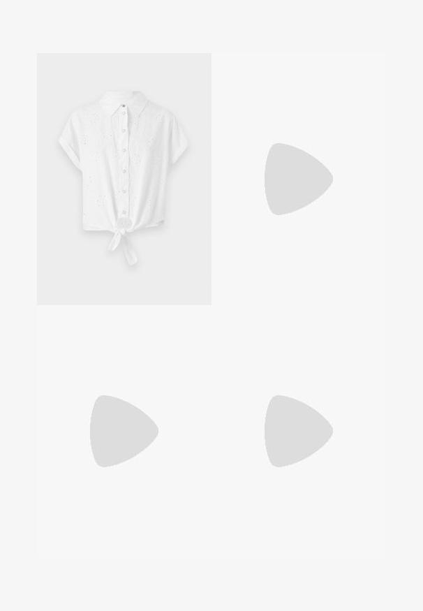 Vit kortärmad skjorta med krage, framknappar och knuten fåll. Har en ögla broderad design för textur och detaljer.; Fälld vit kjol med svart elastiskt midjeband som har "LACOSTE"-logotypen. Mittenlång design med mjuk textur.; Vita lädersneakers med en tjock vit sula, svartsuede hälaccent och präglad logotyp på sidan. Snörningsdesign med sex öglor.; Svart överdimensionerade solglasögon med geometrisk form, med mörka linser och en kontrasterande grå detalj på ramen. Logotyp på bygeln.