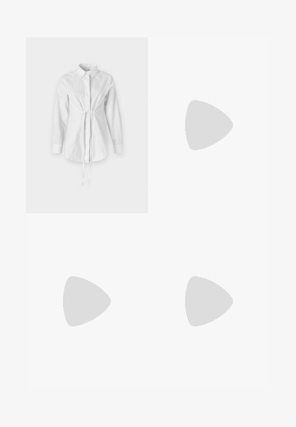 White, long-sleeve shirt made of cotton, featuring a collar and a drawstring waist for shaping, with a smooth texture and tailored fit.; Grey trousers with a straight leg design, featuring two side pockets and a button closure. Smooth fabric with no visible patterns or accents.; Black leather knee-high boot with a pointed toe and square heel. Smooth texture with a sleek design and minimal stitching details.; Black leather shoulder bag with a smooth texture and adjustable strap, paired with faded wide-leg jeans and athletic sneakers.