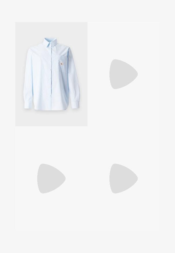 Light blue striped long-sleeve shirt with a button-down collar, single chest pocket, and a small logo patch on the pocket. Cotton material.; Beige metallic wrap dress with long puff sleeves, tiered ruffle skirt, and a matching belt. Features a deep V-neck and soft sheen.; Beige leather ballet flats with a low-profile design, round toe, and black rubber sole, featuring a small rear loop for easier wear.; Pleated cream handbag made of soft material, featuring a braided gold chain accent and drawstring closure for adjustable shape.
