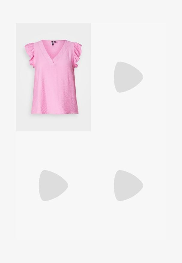 Top rosa con scollo a V e maniche a volant. Il materiale sembra leggero e leggermente texturizzato, offrendo una vestibilità rilassata.; Even&Odd Petite Pantaloni - light blue; Scarpa nera in pelle con tacco alto e punta affusolata, design curvo e tacco snodato di 5 cm. Texture liscia con poche decorazioni.; Orecchini a cerchio in argento con un ciondolo a forma di stella che presenta un rhinestone centrale; comprende un secondo paio di orecchini a cerchio in argento semplici.