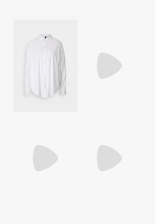 White long-sleeve button-up shirt with a classic collar, soft fabric, and rounded hem. Features visible button placket and cuff details.; Denim jeans in dark blue with a straight-leg fit, high waist, front pockets, and a metal button closure. Textured fabric with visible stitching.; Light taupe suede sandal with two adjustable straps and rose gold hardware. Cork footbed on a textured brown sole. Open-toe design.; Black plastic sunglasses with green lenses, square frames, silver accent on the brow, and textured temple arms. Stated brand on inner arm.