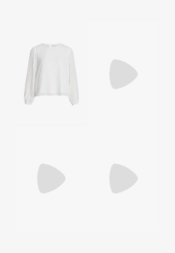 White long-sleeve blouse with subtle wavy textured pattern, round neckline, and button closure at the back.; Long-sleeve white ribbed turtleneck top with a ruffled neck and frayed hem detailing. Smooth texture, form-fitting design.; Gray wide-leg trousers made of textured fabric, featuring a high waist, front pleats, and two buttons at the waistband.; Pointed-toe slingback shoes in glossy beige patent leather with a narrow heel and adjustable strap for a secure fit.