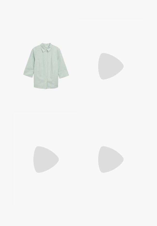 Camicia a righe verdi e bianche, con colletto, maniche a tre quarti e due tasche frontali. Tessuto morbido con una superficie liscia.; Gonna nera al ginocchio realizzata in tessuto leggero con un design fluido. Presenta una texture morbida e pieghe sottili per un tocco di dettaglio in più.; Sneakers in suede azzurro chiaro con strisce in pelle bianca, suola marrone texturizzata e dettaglio logo dorato. Design basso con punta tonda.; Borsa a tracolla in finta pelle nera con texture trapuntata, forma curvata, tracolla in catena argentata e un piccolo logo sul davanti.; Orologio da polso rettangolare dorato con quadrante bianco, indicatori delle ore in tono argento e un robusto bracciale in metallo. Include la funzione di resistenza all'acqua.
