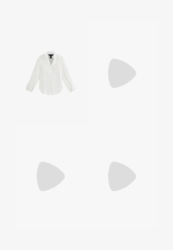 Camicia bianca di cotone, maniche lunghe, due tasche frontali, colletto e un tessuto liscio e leggero. Presenta un orlo arrotondato e maniche con polsini.; Pantaloni neri a vita alta, a gamba larga, realizzati in un tessuto morbido, con davanti piatto, chiusura con bottone e senza tasche visibili.; Sneaker marrone e bordeaux realizzato in materiali scamosciati e in rete, caratterizzato da tre strisce color crema, tessuto testurizzato sulla linguetta e suola in gomma.; Occhiali da sole in plastica nera con lenti verdi, montatura quadrata, dettaglio argento sulla parte superiore e steli con texture. Marchio indicato sulla parte interna dello stelo.; Borsa a tracolla in pelle marrone con motivo logo, tracolla in catena dorata, chiusura con zip e dettagli in metallo dorato. Forma compatta e rettangolare.