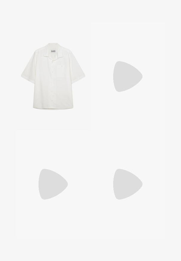 Korte mouwen witte button-up shirt, gemaakt van een gladde stof, met een borstzak en een klassieke kraag met een rechte zoom.; Witte katoenen cargobroeken met een relaxte pasvorm. Kenmerken zijn onder andere voorzakken, gouden hardware accenten en versterkte kniezones.; Beige sport sneakers van gaas- en suede materialen, met een ronde neus, dikke zool en opvallende reflecterende accenten aan de zijkant.; Zwarte schoudertas met een rits hoofdcompartiment, voork pocket, verstelbare strap en een zichtbaar logo op de klep.