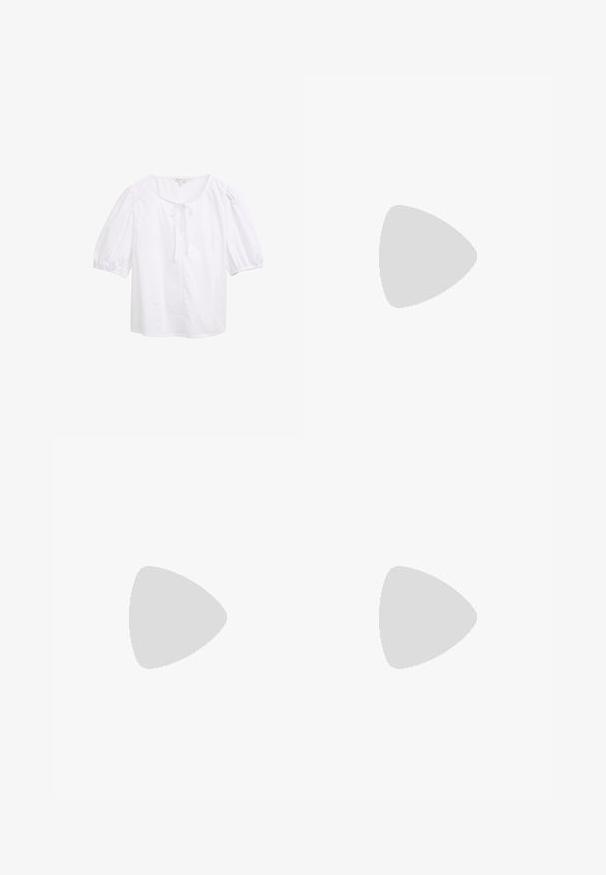 Blusa bianca a maniche corte con scollatura rotonda, caratterizzata da un dettaglio con nodo frontale. Realizzata in un tessuto leggero con una superficie liscia.; Pantaloni olive verdi su misura con gamba dritta, chiusura a un bottone e due pieghe frontali, caratterizzati da una texture liscia e tessuta.; Mocassini in pelle marrone con finitura lucida, caratterizzati da una fibbia dorata decorativa sulla parte anteriore e un tacco basso a blocco. Design classico.; Borsa a spalla in suede marrone con una texture liscia, forma curva e una tracolla singola. Presenta una chiusura con zip e un design senza cuciture.