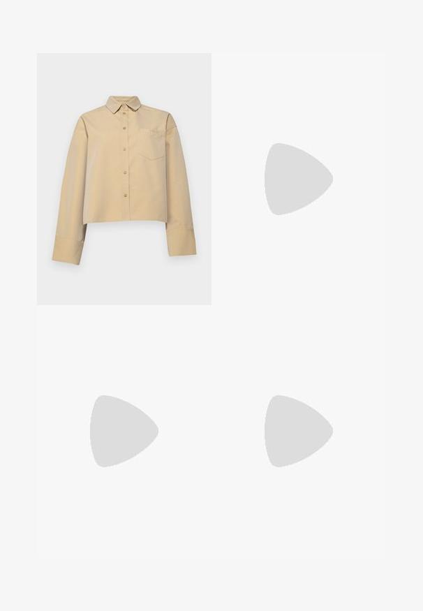 Cropped beige shirt made of cotton blend, featuring a pointed collar, button front, and a small chest pocket with logo embroidery.; Black pleated wide-leg pants with an elastic waistband. The fabric features vertical pleats and a smooth texture.; Black heeled sandal with braided strap design, square toe, and adjustable ankle strap. Light beige footbed with a glossy black heel.; Black leather handbag with a gathered top design, featuring two short handles and a long adjustable strap. Smooth texture, rounded shape.