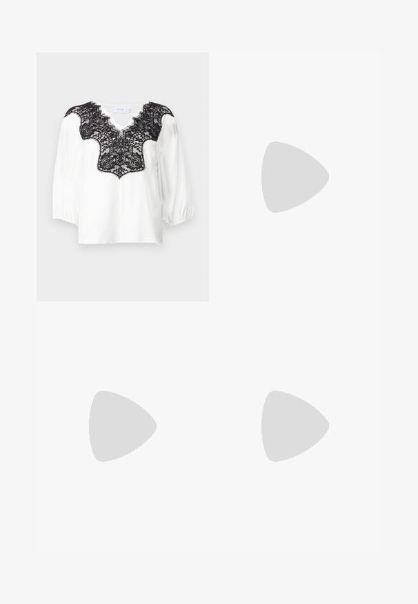 Blusa branca com detalhes em renda preta na gola, apresentando um corte em V e mangas bufantes. Tecido suave com um intrincado design em renda.; Calças brancas com riscas verticais e um design de perna reta, feitas de um tecido leve. Apresentam pregas na frente e uma cintura tradicional.; Sandy em verniz preto com salto slingback, ponta afilada e salto geométrico. Apresenta um design elegante e minimalista com textura suave.; Saco hobo preto em pele com uma textura lisa, forma curva e uma única alça ajustável; apresenta uma abertura larga na parte de cima.