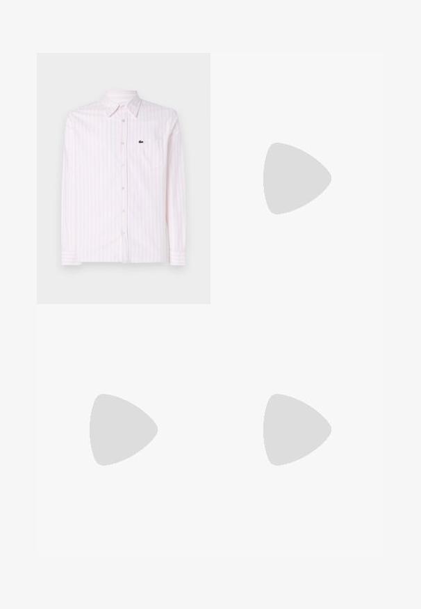Lacoste Vapaa-ajan kauluspaita - white/flamingo; Mustat räätälöidyt housut suoran leikkauksen omaavina, valmistettu sileästä kankaasta. Ominaisuuksia ovat vyölenkit ja taitteet etuosassa.; Valkoiset nahkakengät, joissa on sileä pinta, pyöreä kärki, litteät nauhat ja teksturoitu pohja. Harmaa mokkanahka korostaa kantapäätä.; Aurinkolasit, joissa on kirkas muovikehys ja suorakulmaiset ruskeat linssit, ohuilla läpinäkyvillä varsilla ja metallikosketuksilla temppeleissä.