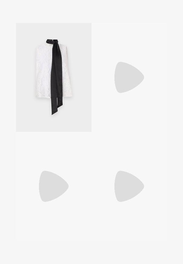 White lace top featuring a high neckline and a black satin ribbon tied at the collar. Intricate lace pattern and smooth texture.; Black, wide-leg trousers made of sequined fabric, featuring a textured surface and an elastic waistband for a comfortable fit.; Black leather slingback heel with a pointed toe, minimalist design, thin ankle strap, and a sleek stiletto heel. Smooth texture.; Woven beige clutch bag with a rounded shape, gold-tone hardware accents, and a textured pattern. Closing mechanism at the top.