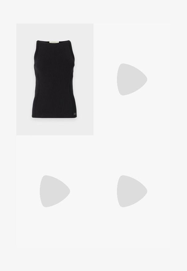 Black ribbed tank top with a high neckline and fitted silhouette. Features subtle CK logo tag at the bottom left. Smooth knit texture.; Black tailored trousers with a straight-leg design, featuring a smooth texture and crisp creases along the front. No visible hardware.; Black leather slingback heels with a pointed toe, featuring a slim heel and a gold-tone accent on the adjustable strap. Smooth texture.; Black leather handbag with a structured design, featuring a cropped shape, top handle, and gold hardware accent. Adjustable shoulder strap included.