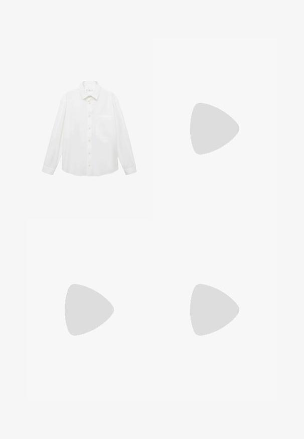Mango ANTARES - Hemd - white; Beige Hosen mit geradem Schnitt, ausgestattet mit einem einzelnen schwarzen Knopf, Gürtelschlaufen und Seitentaschen. Glatte Stofftextur und minimalistisches Design.; Schwarze Leder-Ankle-Boots mit schnürbarem Vorderteil, gelben Nähten, runder Zehenpartie und dicker, strukturierter Gummisohle.; Schildpatt-Sonnenbrille mit grünen Gläsern, in einer achteckigen Form und schlanken, gebogenen Bügeln. Das Material hat eine glänzende Oberfläche.