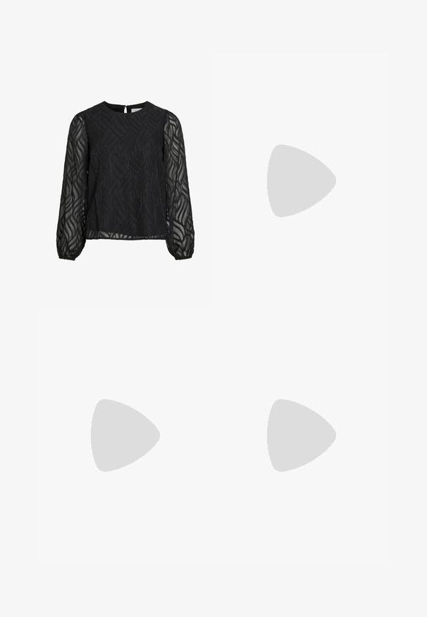 Black blouse featuring long sheer sleeves, textured leaf pattern, round neckline, and a small back keyhole clasp.; Black pleated skirt with a smooth texture, featuring a solid black waistband and an embossed logo detail at the front.; Black pointed-toe shoe with a mesh panel design, featuring a low heel and lace-up front. Made from a combination of leather and mesh material.; Snake-print handbag with a curved handle. Made from textured, beige and brown materials, featuring a distinctive diamond pattern.