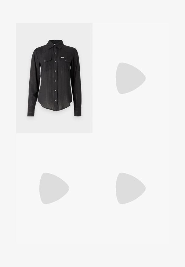 Black long-sleeve shirt with a textured pattern, featuring a button front, two chest pockets, and silver accents.; Wide-leg denim trousers featuring a light to dark blue gradient, high waist, belt loops, and a matching fabric belt. Textured denim finish.; Black ankle boots made of smooth leather, featuring a side zipper, chunky textured heel, and rounded toe design.; Black leather tote bag with smooth texture, rectangular shape, and two long handles. No visible hardware or embellishments.