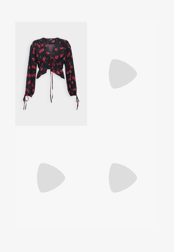 Blusa nera con maniche lunghe, legata davanti. Caratterizzata da una stampa di ciliegie rosse e polsini elastici. Tessuto leggero e fluido con scollatura a V.; Jeans a zampa d'elefante blu scuro in denim. Caratterizzati da una vita alta, tasche anteriori e dettagli con spacco all'orlo. Design classico a cinque tasche.; Pantofole da balletto nere in pelle con punta arrotondata, texture liscia, dettagli di cucitura minimi e design con suola flessibile.; Borsa a tracolla in pelle marrone con chiusura a pattina, hardware color oro, tracolla e una finitura liscia. Forma rettangolare compatta.