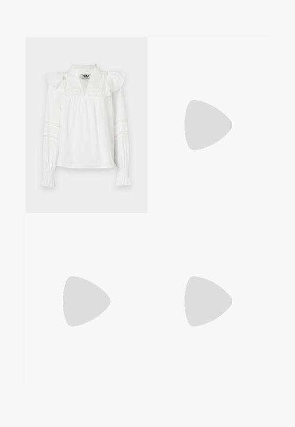 White long-sleeve blouse with frilled shoulders, a notch neckline, and decorative lace detailing on the sleeves. Soft, lightweight fabric.; Denim shorts in light blue with a faded finish. Features a button closure, five pockets, and straight leg design.; Silver metallic slingback sandal with a low heel, featuring crisscross straps and a smooth texture. Minimalistic design.; Aviator sunglasses featuring a gradient blue lens, silver metal frame, and decorative star accents on the lens. Smooth and sleek design.