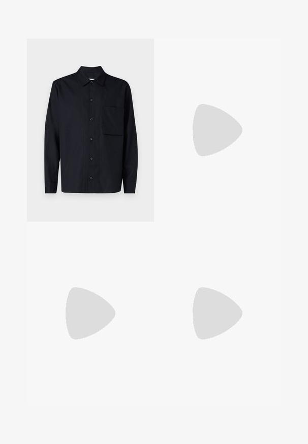 Black long-sleeve shirt made of smooth fabric, featuring a point collar, button front, and a single chest pocket. Classic design.; Black tailored trousers with a straight fit, made from smooth fabric. Features belt loops and crease detail along the front.; White leather sneakers with a smooth finish, rounded toe, flat laces, and a textured sole. Grey suede accent at the heel.; Clear plastic sunglasses with rectangular brown lenses, featuring thin, transparent arms and metal accents on the temples.