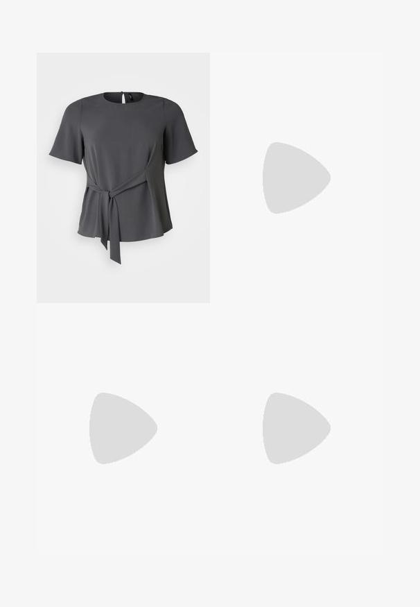 Gray short-sleeve blouse with a rounded neckline, a tied waist detail, and a soft drape. Features a back button closure and smooth texture.; ONLY Carmakoma CARLAMA STRAIGHT - Trousers - black; Silver slingback high heel shoe with a pointed toe, metallic finish, two decorative straps, and a slender heel with a black tip.; Black leather handbag with a curved shape, detachable strap, and gold hardware. The bag features a flap with a buckle detail.