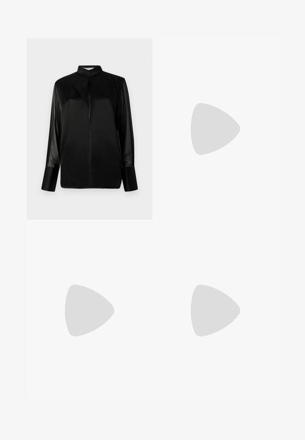Black blouse with a stand-up collar, long sheer sleeves, bow tie detail at the neck, made of smooth satin fabric, front button closure.; Wide-leg trousers in dark gray, featuring a smooth texture, pleats, and a belt with a silver buckle at the high waist.; Black patent leather high-heeled mule with a pointed toe and a sleek silhouette, featuring an open back and a slender stiletto heel.; Navy blue leather clutch with a crocodile texture, silver chain strap, and metallic clasp. Rectangular shape with foldover design.