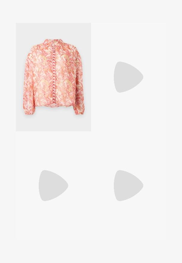 Sheer pink blouse with floral swirls in red and gold, rounded collar, front button closure, elasticized cuffs, and straight hem.; Sister Jane HEART TO HEART - Straight leg jeans - blue denim; White high-top canvas sneaker with black rubber sole, front rubber toe cap, and six eyelets for laces, featuring a clean, minimalist design.; Red leather handbag with an angular, geometric design. Features a single adjustable strap and a flap closure with stitched detailing.