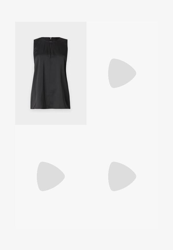 Schwarzes ärmelloses Top mit rundem Ausschnitt, Keyhole-Detail an der Vorderseite und einer glatten satinartigen Textur. Minimalistisches Design mit klaren Linien.; Schwarze, taillierte Hose mit geradem Bein, aus einem glatten Stoff und mit klaren Falten an der Vorderseite. Keine sichtbare Hardware.; Schwarzer Leder-Slingback-High-Heel-Schuh mit spitzem Zeh, glatter Textur und schmalem Knöchelriemen, der mit goldenen Hardware-Akzenten verziert ist.; Schwarze Lederhandtasche mit einem strukturierten Design, das eine verkürzte Form, einen oberen Griff und goldfarbene Hardware-Details aufweist. Verstellbarer Schulterriemen ist enthalten.