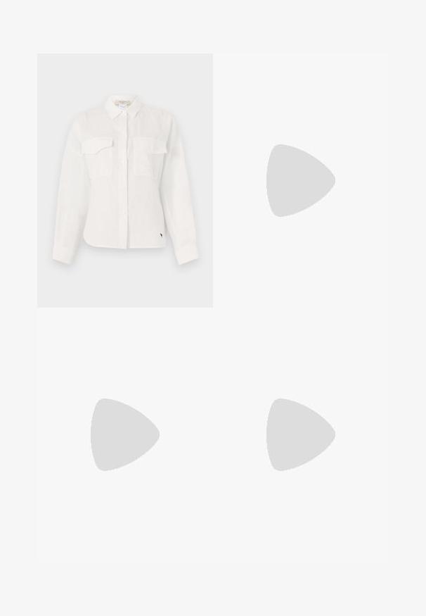 White button-up shirt made of lightweight fabric, featuring two chest pockets, a pointed collar, and a curved hem. Subtle texture detail.; Black wide-leg trousers with a high waist, featuring front pleats, a smooth texture, and a tailored finish. Designed for a relaxed fit.; Black leather sandals with gold buckle accents, featuring multiple straps and a flat sole design for open-toe wear.; Brown leather bag with a flap closure, gold accent hardware, and an adjustable strap. Features a smooth texture and a sleek rectangular shape.