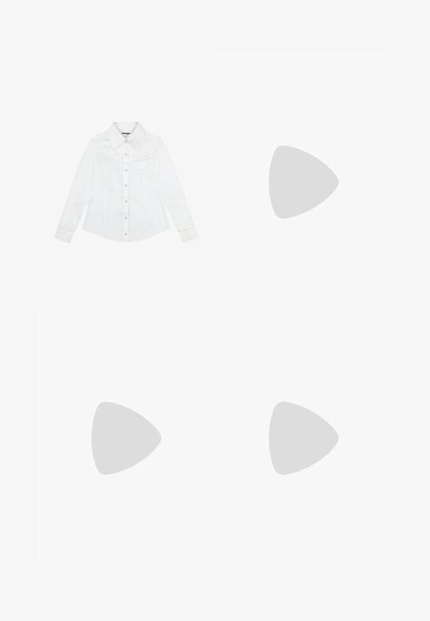 White long-sleeve shirt made of smooth fabric with a pointed collar, front buttons, two chest pockets, and subtle embroidery on the sleeves.; Wide-leg denim trousers featuring a light to dark blue gradient, high waist, belt loops, and a matching fabric belt. Textured denim finish.; Navy blue sneaker with a textured fabric upper, white platform sole, rounded toe, and black heel accent. Features six eyelets for laces.; Red leather handbag with an angular, geometric design. Features a single adjustable strap and a flap closure with stitched detailing.