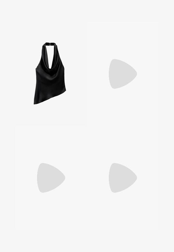 Mango Top - black; Abito nero senza maniche con un davanti drappeggiato, silhouette lunga, texture liscia e design a collo halter. Nessun motivo o accessorio visibile.; Mule in suede marrone con platform e punta aperta, dotati di un tacco in juta intrecciata chunky e un design superiore liscio e arrotondato.; Occhiali da sole neri con una forma allungata a occhio di gatto, dotati di lenti scure e montature in plastica liscia e lucida.