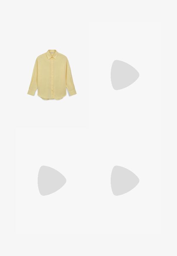 Calliope Button-down blouse - giallo limone; White short-sleeve t-shirt made from soft fabric, featuring a crew neckline and rolled cuffs, with a tag visible at the back.; Light blue denim jeans with a straight-leg cut, featuring a front button closure, belt loops, and subtle fading on the fabric.; Brown leather slip-on shoes with a smooth texture, featuring decorative stitching and round eyelets. Flat sole with a rounded toe design.; Small black leather handbag with a structured design, featuring a triangular flap and adjustable strap. Hardware accents in black metal.