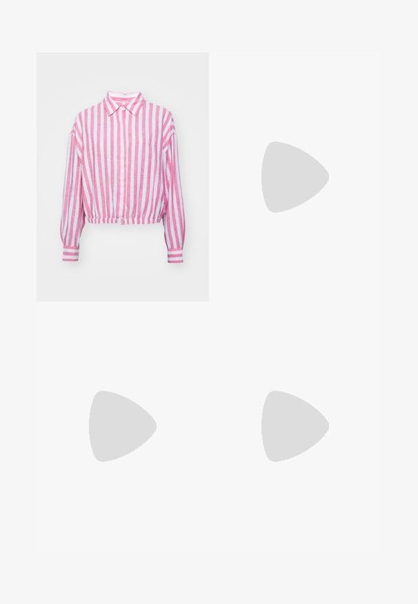 Pink and white striped cropped shirt with a collar, long sleeves, and buttoned cuff. Made of lightweight fabric with a textured finish.; Light blue high-waist wide-leg jeans with a button closure, front pockets, belt loops, and subtle faded detailing.; Light blue athletic shoes with white accents, textured panels, and a zip closure. Features a visible air cushioning sole and rubber outsole.; Beige handbag made of soft material, featuring a slouchy design, stitched detailing, and two shoulder straps. Suitable for everyday use.