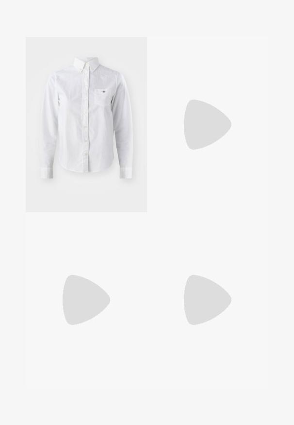 White long-sleeve shirt made of cotton, featuring a button-down collar, front button closure, breast pocket, and subtle logo detail.; Navy blue wide-leg pants with vertical white stripes, elastic waistband, and three white stripes along each side, made from a lightweight material.; Sport shoes with a white leather upper, gray suede toe, and three black stripes. Features a blue logo on the tongue and a textured rubber sole.; Black plastic sunglasses with green lenses, square frames, silver accent on the brow, and textured temple arms. Stated brand on inner arm.