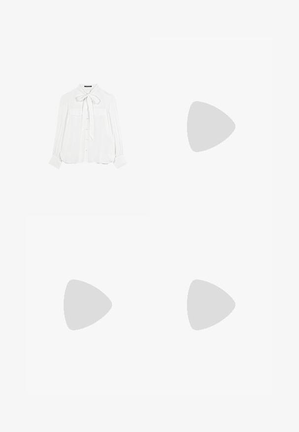 White blouse with a bow tie collar, long sleeves, two front pockets, and a button-up front. Soft, smooth fabric with slight sheen.; Burgundy high-waisted jeans with straight leg design, featuring front pockets, a button closure, and copper-tone hardware accents.; Brown suede high-heeled sandal with an open toe, adjustable ankle strap, and a striped platform sole.; Soft brown hobo-style handbag with a single wide strap and a curved top handle opening, displayed on a white background.