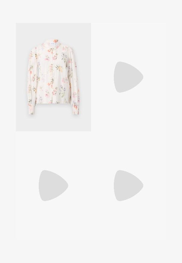 Floral button-up blouse in light cream fabric. Features long puff sleeves, collar, and a mix of colorful flower patterns. Soft texture.; Gray pleated skirt featuring a smooth texture, structured design, and a fitted waist. Made from a lightweight fabric with subtle pattern.; White high-top canvas sneaker with black rubber sole, front rubber toe cap, and six eyelets for laces, featuring a clean, minimalist design.; Red leather handbag with an angular, geometric design. Features a single adjustable strap and a flap closure with stitched detailing.
