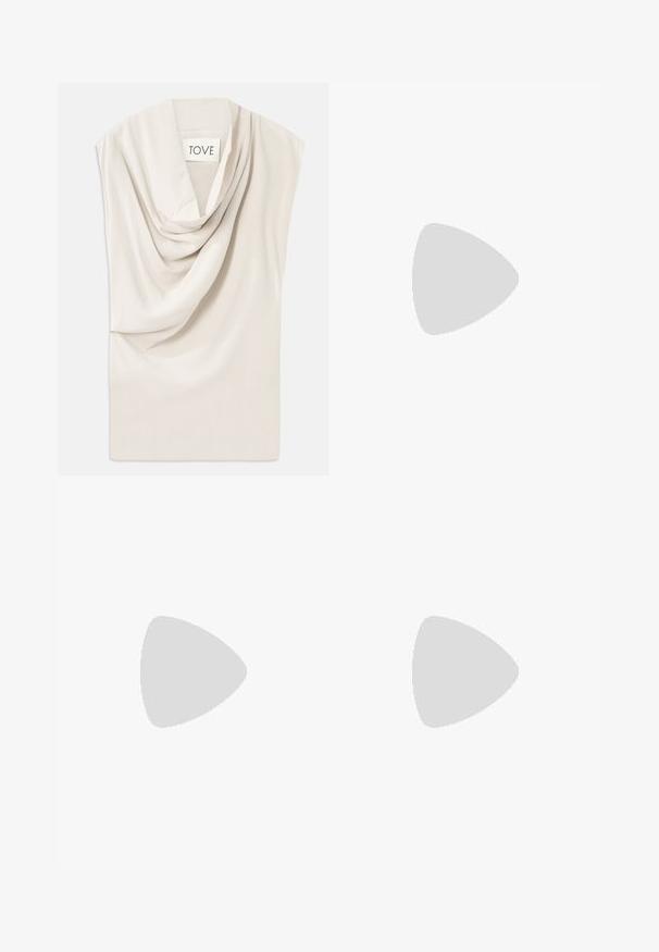 Light beige top with draped neckline, made of soft fabric. Features a subtle sheen and wide, sleeveless design. Label reads "TOVE."; Black, ankle-length skirt with a fitted waistband. Made of soft, stretch fabric, featuring a smooth texture and no visible embellishments.; Black leather sandals with thin straps and a buckled ankle strap. Flat sole with a textured finish and zigzag edge. Minimalist design.; Black leather handbag with a structured design, featuring a cropped shape, top handle, and gold hardware accent. Adjustable shoulder strap included.