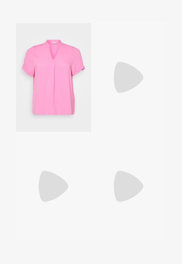 Pink short-sleeve blouse with a V-neck, featuring a pleat in the front. Soft texture and rolled cuffs. Made of lightweight fabric.; Wide-leg jeans in dark blue denim. Features five pockets, belt loops, and a raw hem at the bottom with visible stitching details.; Black patent leather slingback heels with a pointed toe and a geometric block heel. Features a sleek, minimal design and smooth texture.; Black leather handbag with a curved shape, detachable strap, and gold hardware. The bag features a flap with a buckle detail.